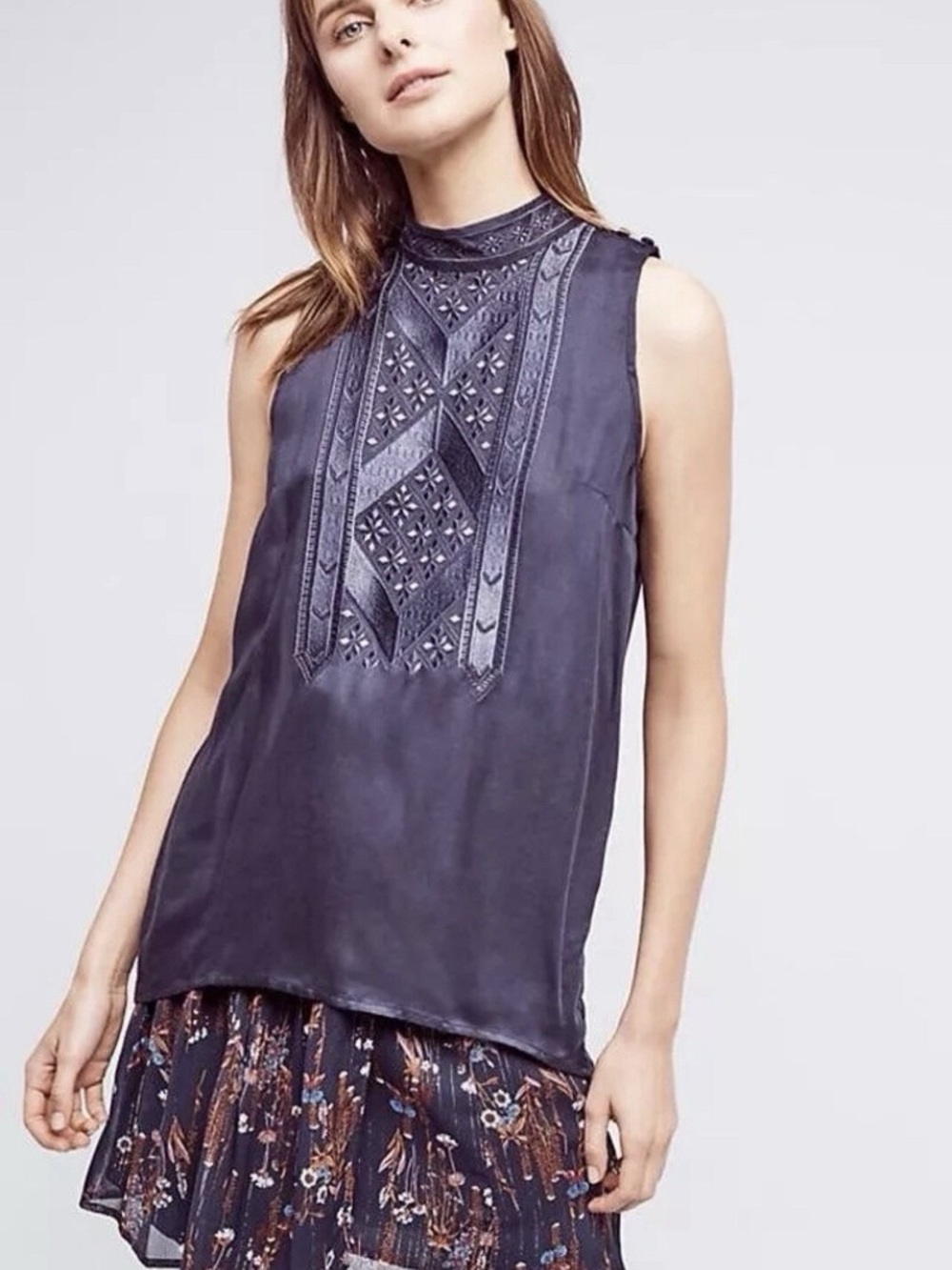 Anthropologie Navy Sleeveless Tank with Embroidered Panel